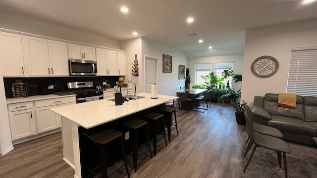 kitchen with a kitchen island with sink, sink, stainless steel appliances, and white cabinets