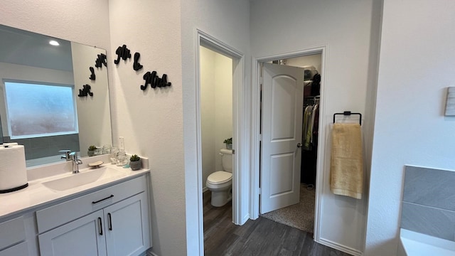 bathroom with hardwood / wood-style flooring, vanity, and toilet