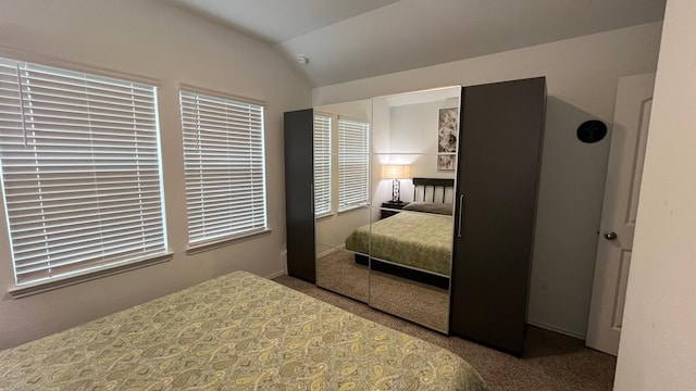 bedroom featuring lofted ceiling and carpet floors