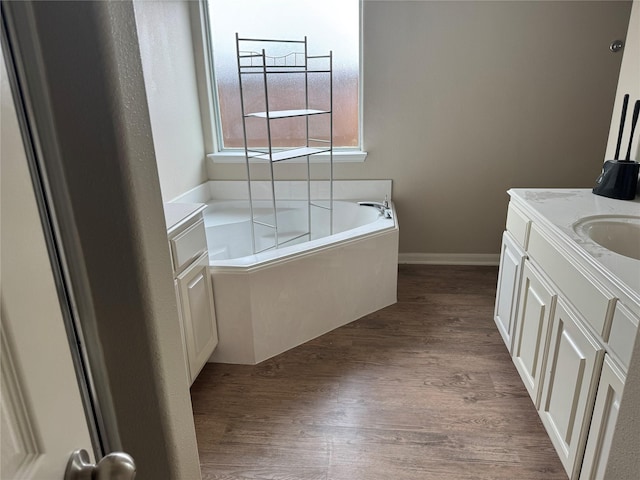 bathroom featuring hardwood / wood-style floors, vanity, and a washtub