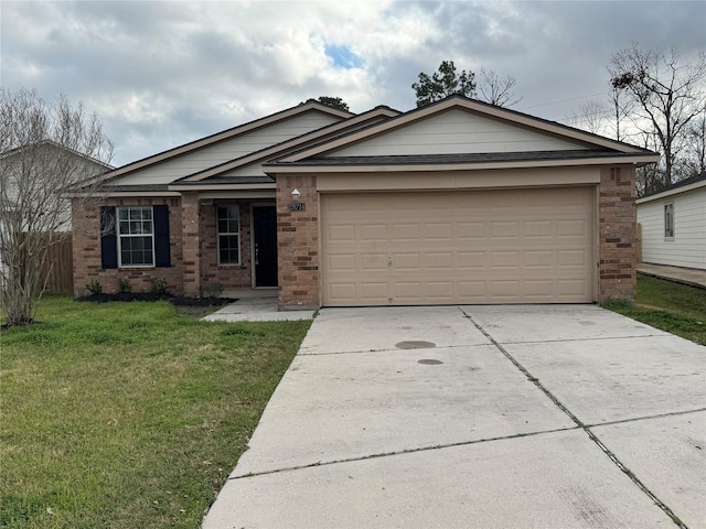 single story home with a garage and a front yard