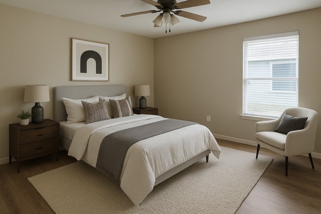 bedroom featuring baseboards, ceiling fan, and wood finished floors