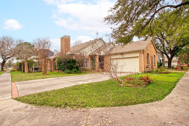 single story home with a garage and a front lawn