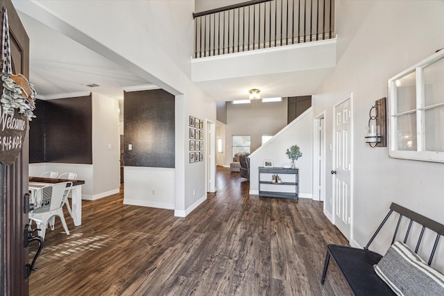 entryway with a high ceiling and dark hardwood / wood-style floors