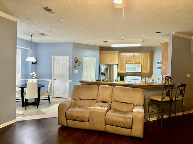 living room with light hardwood / wood-style flooring, ornamental molding, and a textured ceiling