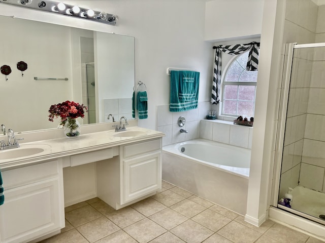 bathroom with vanity, plus walk in shower, and tile patterned flooring