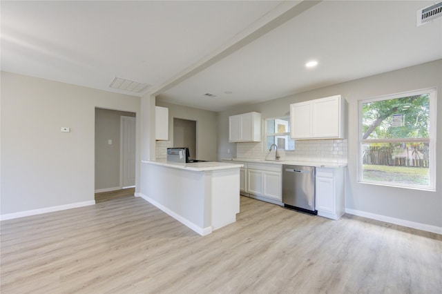 kitchen with dishwasher, sink, white cabinets, kitchen peninsula, and light hardwood / wood-style flooring