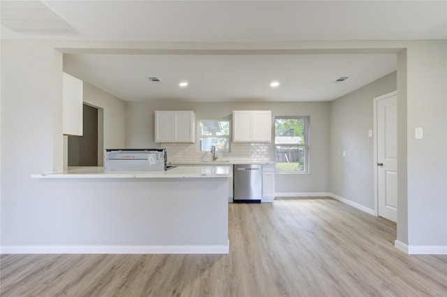 kitchen with sink, backsplash, white cabinets, stainless steel dishwasher, and kitchen peninsula