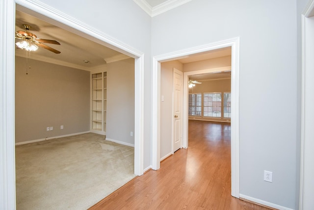 corridor featuring crown molding and light hardwood / wood-style flooring