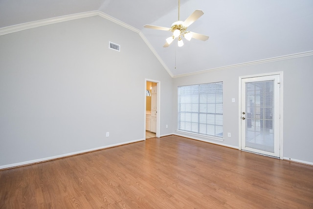 unfurnished room with crown molding, high vaulted ceiling, ceiling fan, and light hardwood / wood-style floors