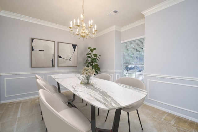 carpeted dining room with ornamental molding and a notable chandelier