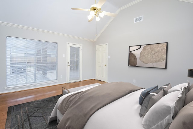 bedroom with wood-type flooring, high vaulted ceiling, access to outside, ornamental molding, and ceiling fan