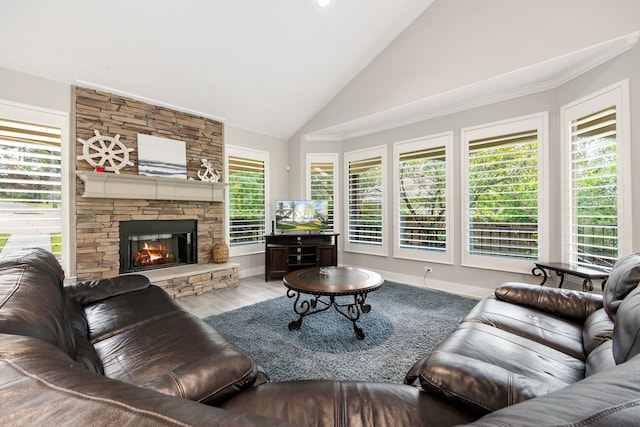 living room with a stone fireplace, plenty of natural light, hardwood / wood-style floors, and high vaulted ceiling