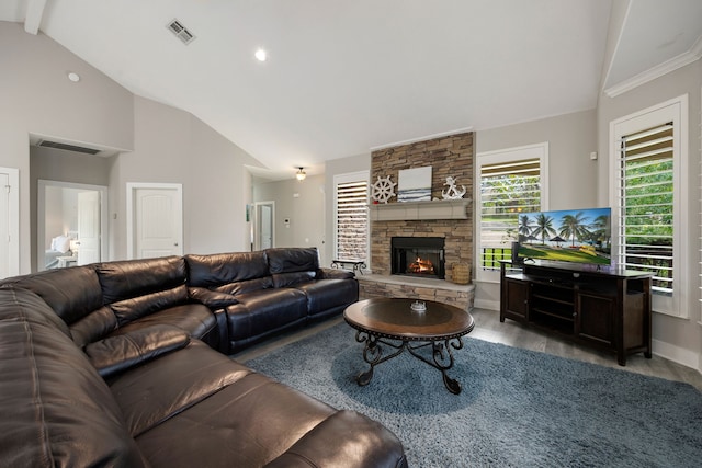 living room featuring beamed ceiling, high vaulted ceiling, a stone fireplace, and light hardwood / wood-style floors