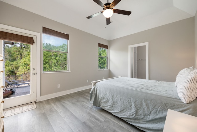 bedroom with multiple windows, access to exterior, light hardwood / wood-style floors, and ceiling fan