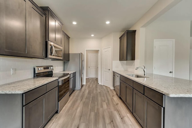 kitchen featuring sink, stainless steel appliances, light stone countertops, decorative backsplash, and light wood-type flooring