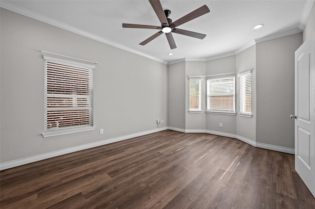 unfurnished room with crown molding, dark wood-type flooring, and ceiling fan