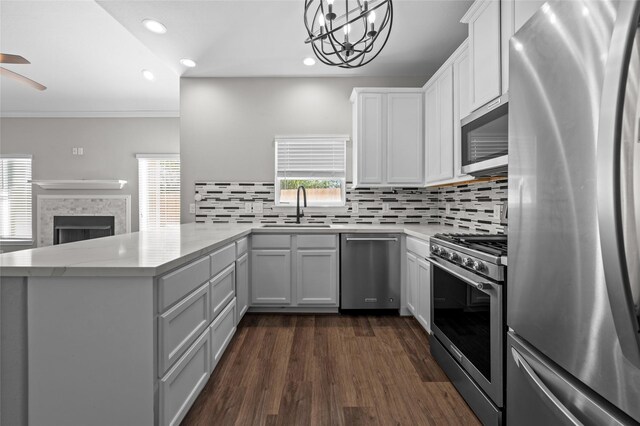 kitchen with white cabinetry, appliances with stainless steel finishes, sink, and kitchen peninsula