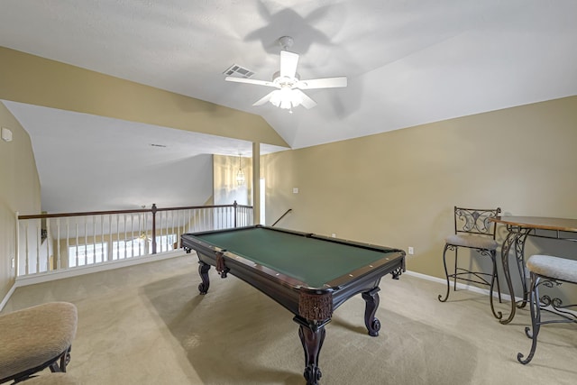 rec room featuring ceiling fan, lofted ceiling, pool table, and light carpet