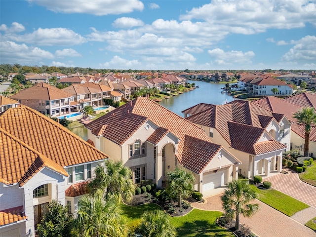 aerial view featuring a water view