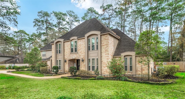 french country inspired facade with a front lawn