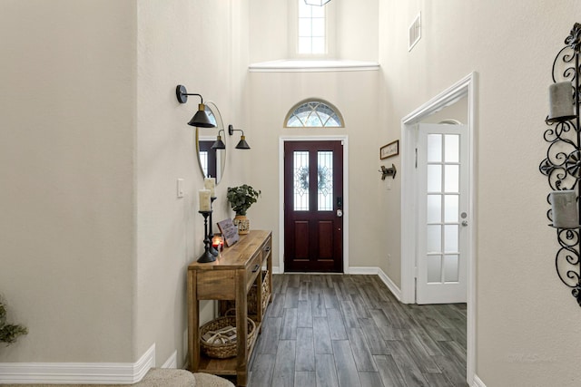 foyer entrance featuring a towering ceiling and wood-type flooring