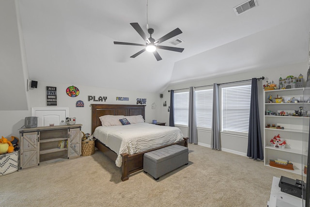 bedroom with lofted ceiling, light carpet, and ceiling fan