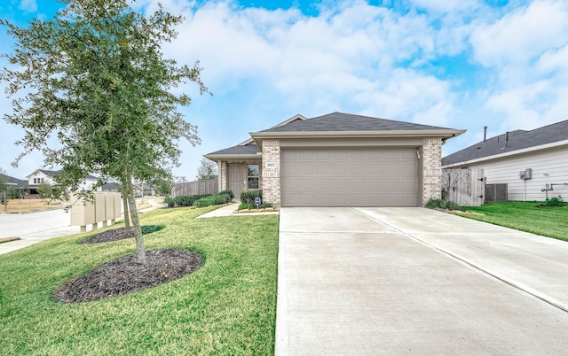 ranch-style home with a garage, central AC unit, and a front lawn