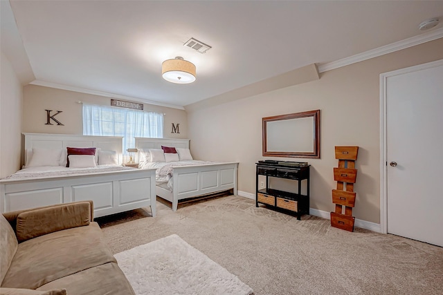 bedroom featuring crown molding and light carpet