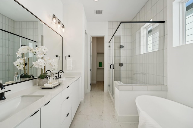 bathroom featuring shower with separate bathtub, a healthy amount of sunlight, and vanity