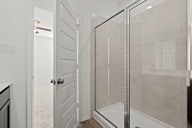 bathroom with an enclosed shower and vanity