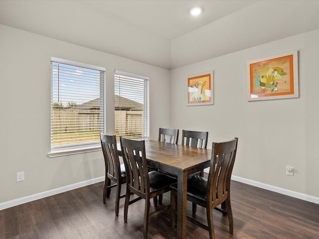 dining space with dark hardwood / wood-style flooring