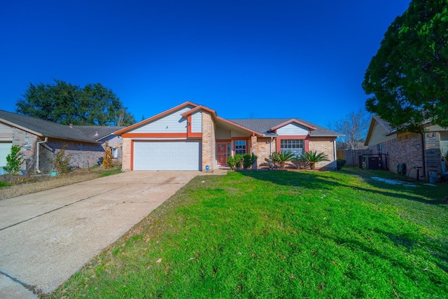 ranch-style house with a garage and a front lawn