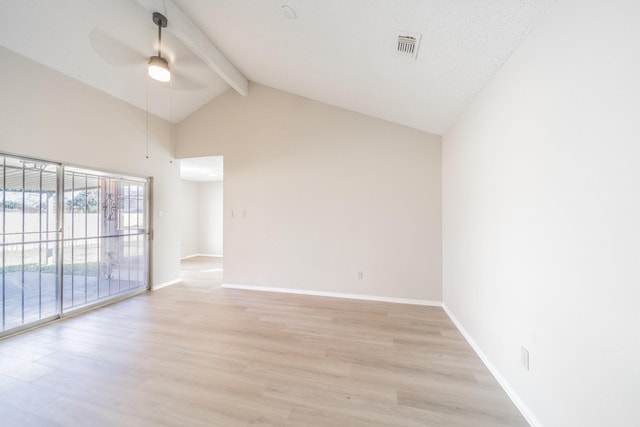 empty room featuring ceiling fan, high vaulted ceiling, beam ceiling, and light hardwood / wood-style floors