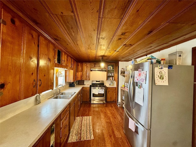 kitchen with sink, stainless steel appliances, wooden ceiling, and light wood-type flooring