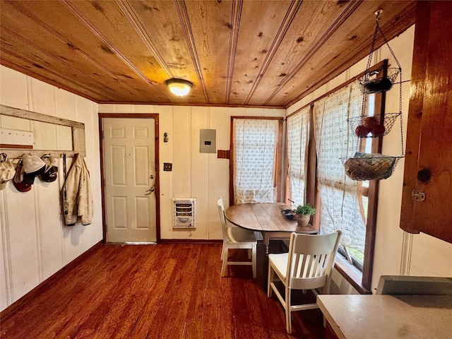 dining space with dark hardwood / wood-style flooring, heating unit, electric panel, and wood ceiling