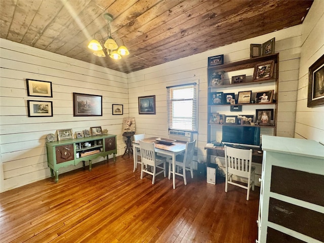 dining room with an inviting chandelier, wood-type flooring, wooden ceiling, and wooden walls