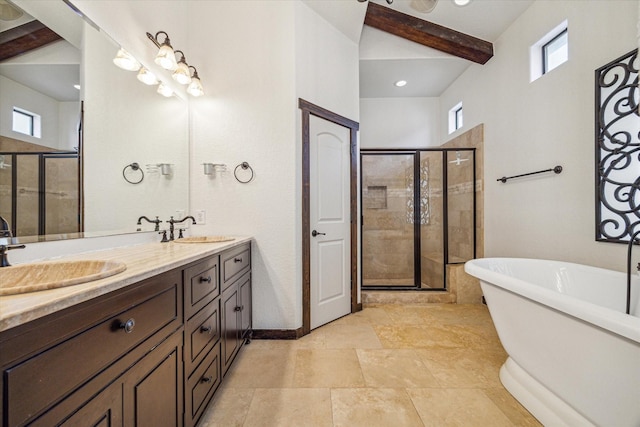 bathroom featuring vanity, beam ceiling, and plus walk in shower