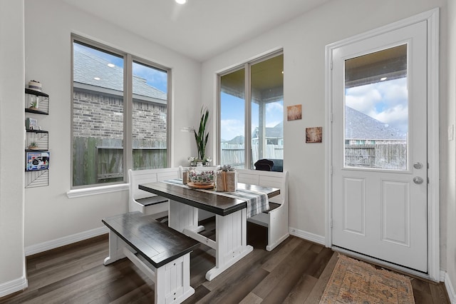 dining space featuring dark wood-type flooring and plenty of natural light