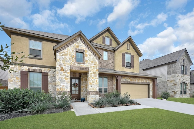 view of front of property featuring a garage and a front lawn