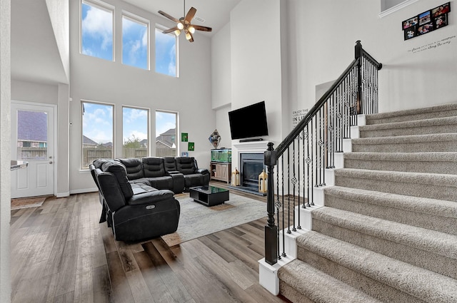 living room featuring ceiling fan and wood-type flooring