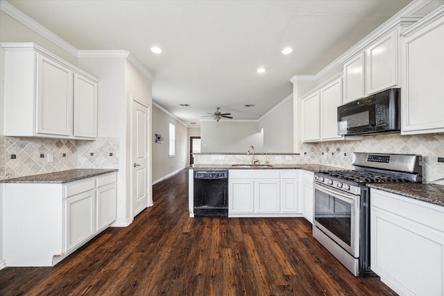 kitchen with white cabinetry, sink, dark wood-type flooring, and black appliances