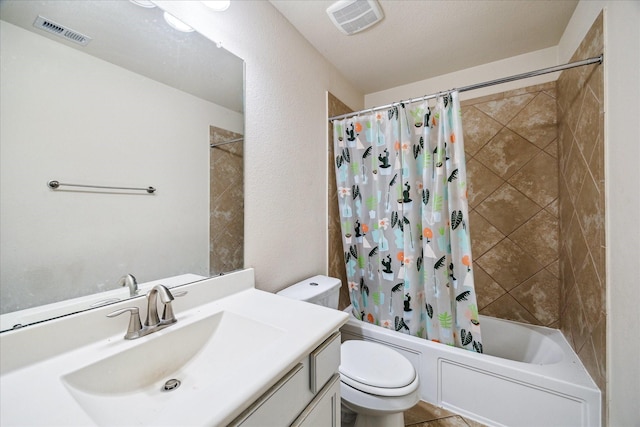 full bathroom with vanity, shower / bath combination with curtain, and toilet