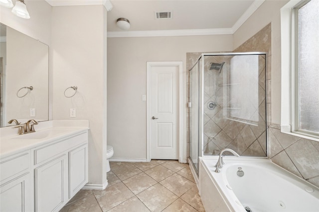 full bathroom with crown molding, shower with separate bathtub, vanity, and toilet