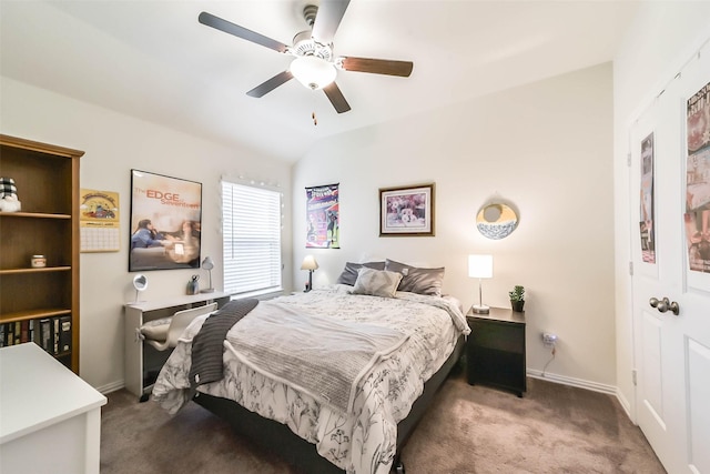 bedroom featuring ceiling fan, carpet flooring, and vaulted ceiling