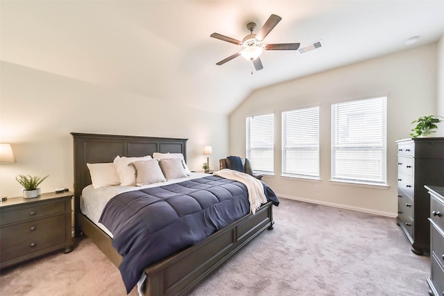 carpeted bedroom with lofted ceiling and ceiling fan