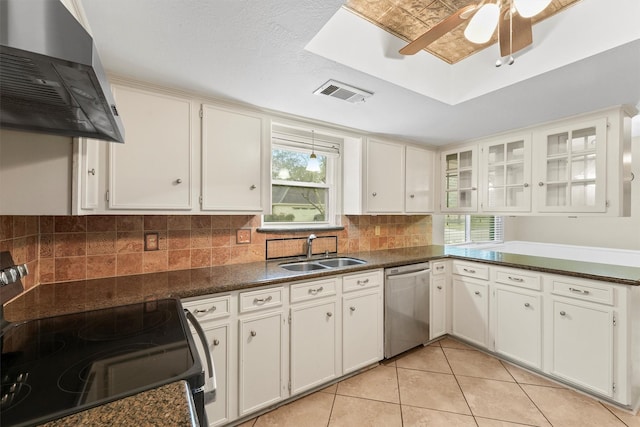 kitchen featuring extractor fan, stainless steel appliances, sink, and white cabinets