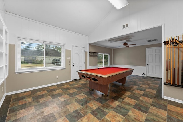 rec room featuring ornamental molding, high vaulted ceiling, ceiling fan, and billiards