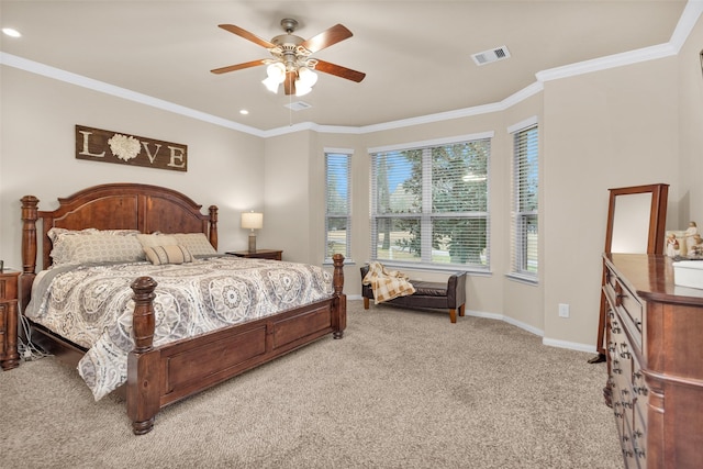 bedroom with light carpet, ornamental molding, and ceiling fan