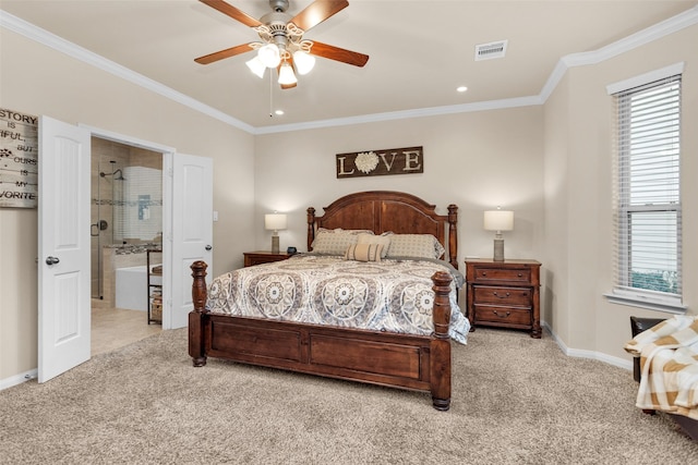 bedroom featuring crown molding, ceiling fan, connected bathroom, and light carpet